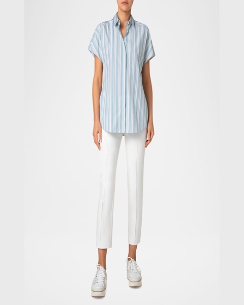 Striped Poplin Short-Sleeve Button-Shoulder Blouse