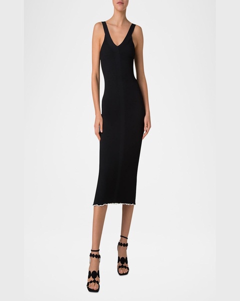 V-Neck Viscose Stretch Rib Sleeveless Midi Dress