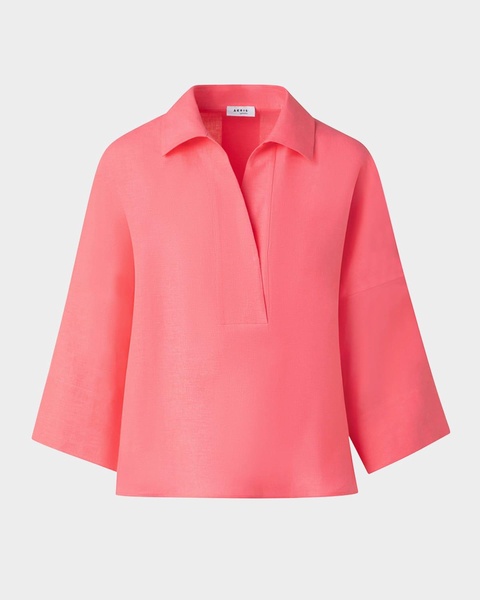 Kimono-Sleeve Linen Collared Blouse