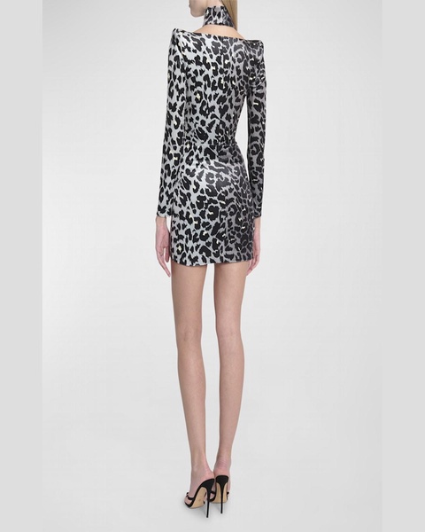 Printed Velvet Mini Dress with Neck Cuff
