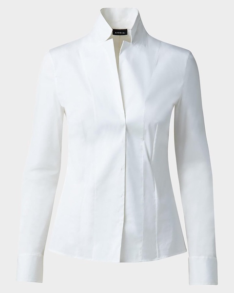 Long-Sleeve Notched-Collar Poplin Blouse