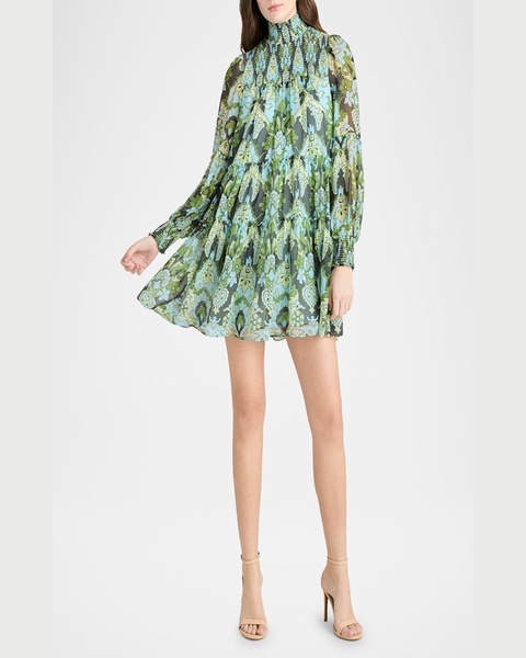 Rika Long-Sleeve Damask Mini Dress