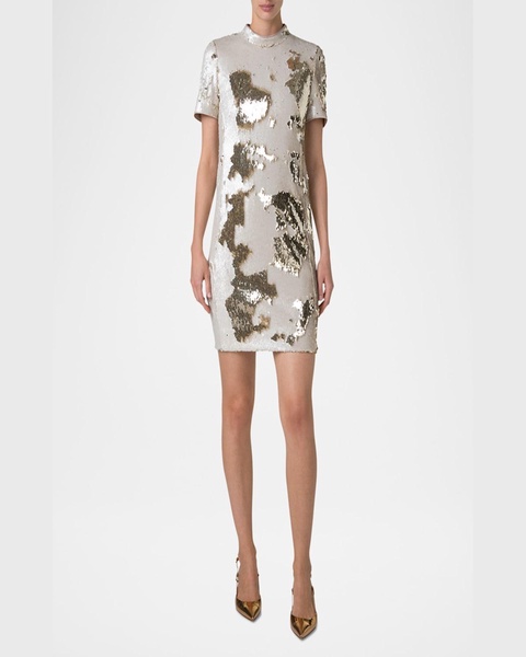 Mock-Neck Short-Sleeve Sequin Mini Dress