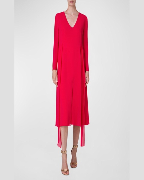 Waist-Tie Long-Sleeve Slit-Hem Chiffon Midi Dress