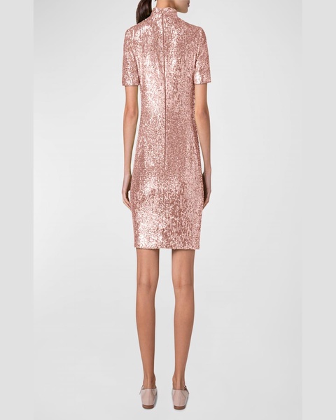 Sequined Mock-Neck Short-Sleeve Mini Dress