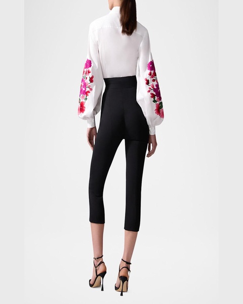 Floral-Embroidered Puff-Sleeve Button-Down Shirt