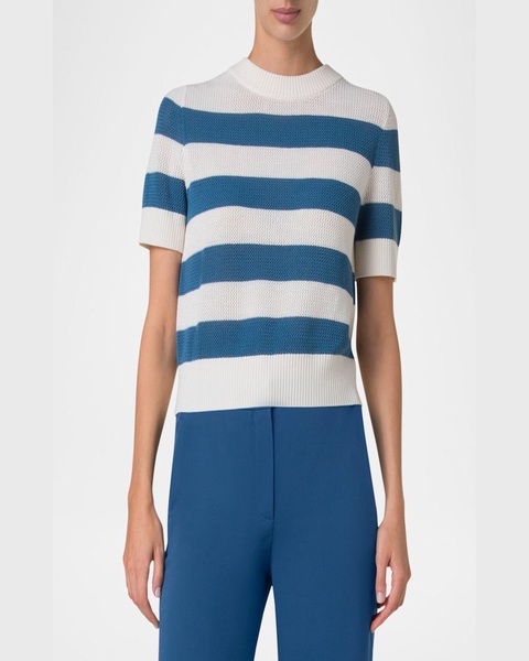 Striped Cool Wool Mesh Knit Short-Sleeve Sweater