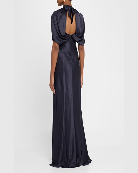Twisted Cape-Sleeve Open-Back Satin Gown