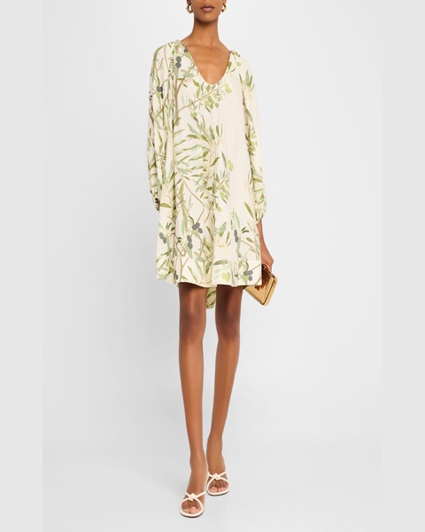Flowy Puff-Sleeve Printed Linen Mini Dress