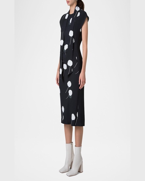Windflower-Print Cap-Sleeve Crepe Midi Dress With Detachable Bow