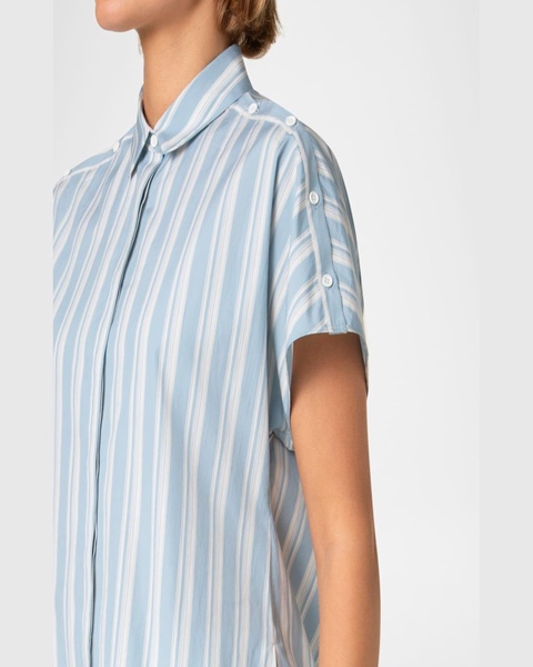 Striped Poplin Short-Sleeve Button-Shoulder Blouse