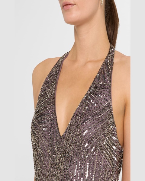 Beaded Side-Slit Halter Gown