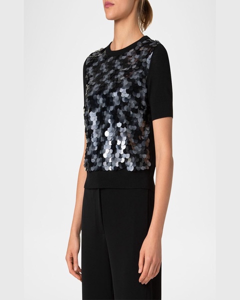 Front Sequined Short Sleeve Wool Sweater