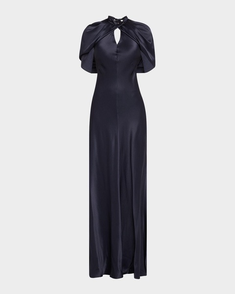 Twisted Cape-Sleeve Open-Back Satin Gown