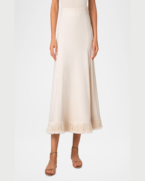 Fringe-Hem Cotton-Wool Denim Midi Skirt