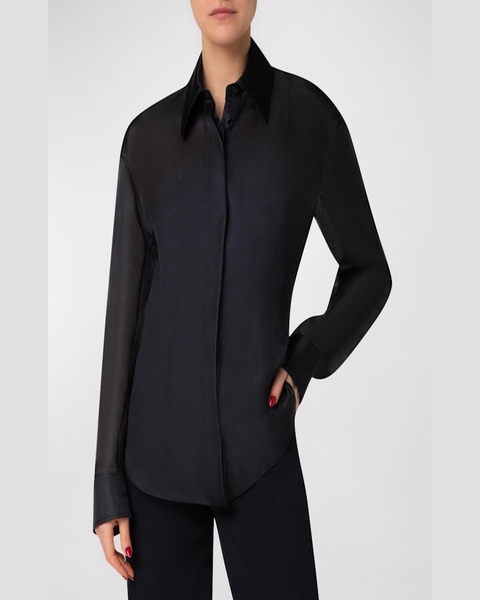 Silk Organza Button-Front Blouse