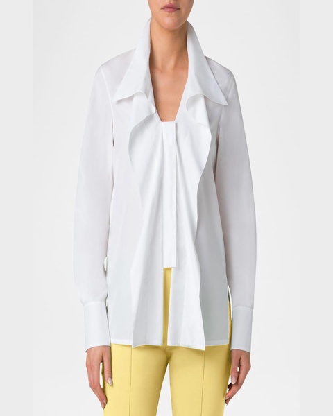 Folding Collar Pleated Cotton Poplin Blouse