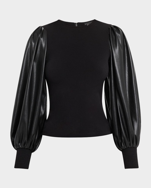 Latoria Crewneck Top with Vegan Leather Sleeves