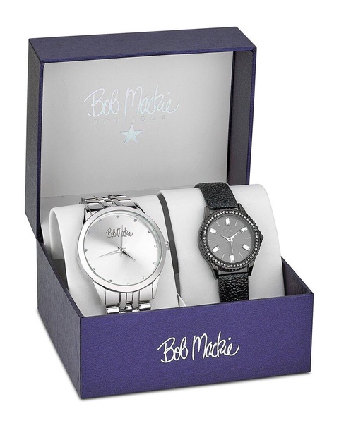 Men's and Women's Silver-tone Base Metal Bracelet and Black Faux Leather Strap 2 Piece Watch Set 45mm and 32mm