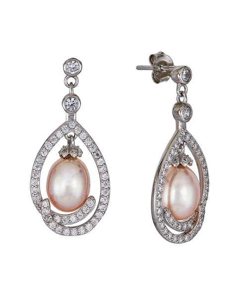 BELPEARL Silver 7-8mm Pearl CZ Dangle Earrings