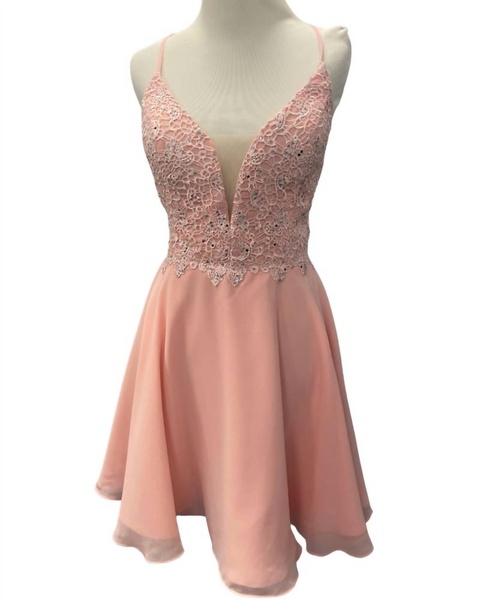 lace chiffon a-line mini dress in blush