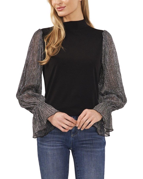mock neck mixed media knit top