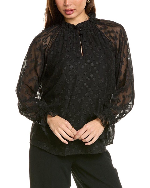 Anne Klein Women's Ls Ruffle Neck Blouse W Bttn and Smocked