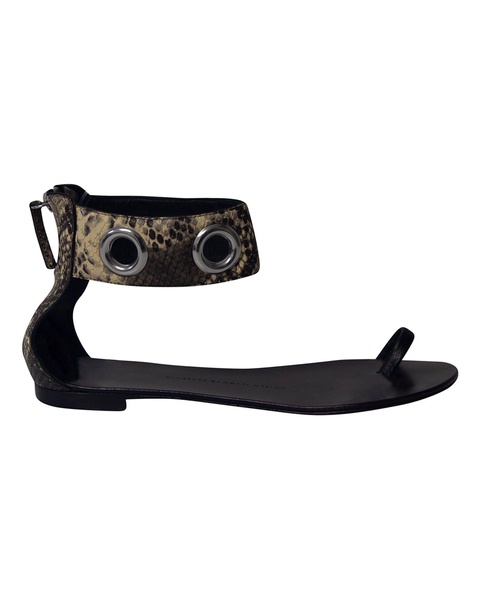 snakeskin print ankle strap flat sandals in black leather