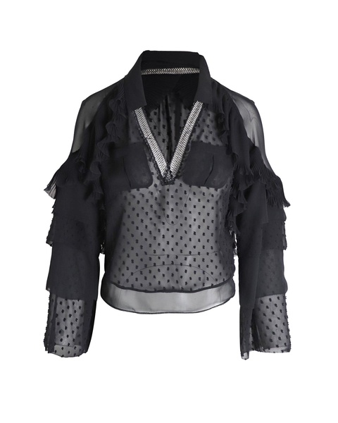 v-neck long sleeve blouse in black polyester