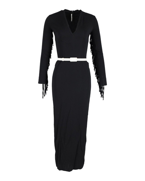 fringed v-neck maxi dress in black silk