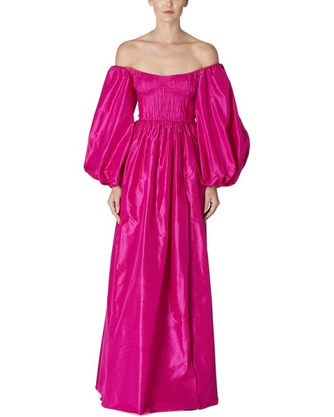 off shoulder balloon sleeve silk gown