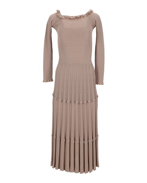 off-shoulder pleated knit dress in beige viscose