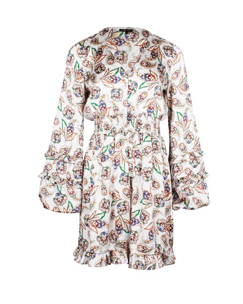 paisley print balloon sleeve mini dress in white polyester