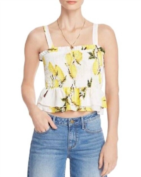 smocked lemon print strappy crop top in white