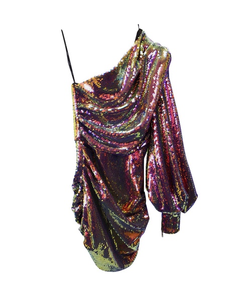 sequined one shoulder ruched mini dress in multicolor polyester