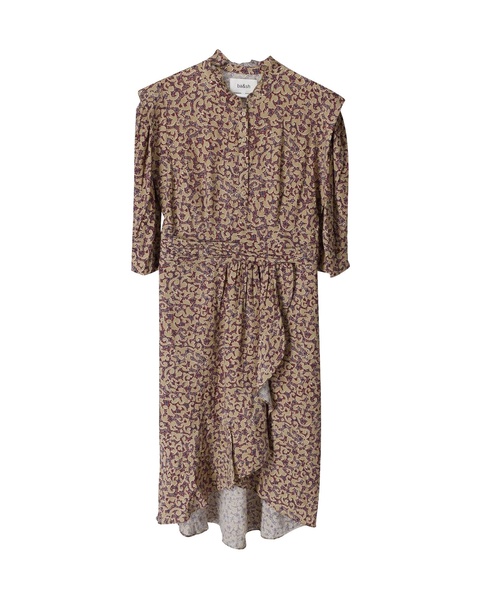 ruffled midi dress in beige print viscose