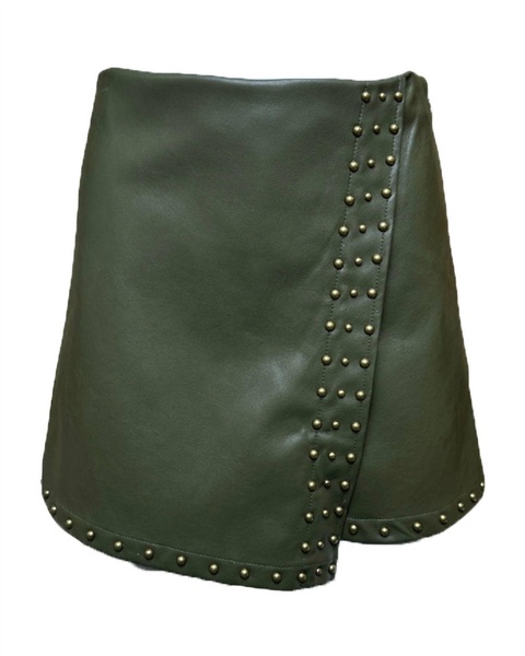 women's studded stretch faux leather wrap skort in olive