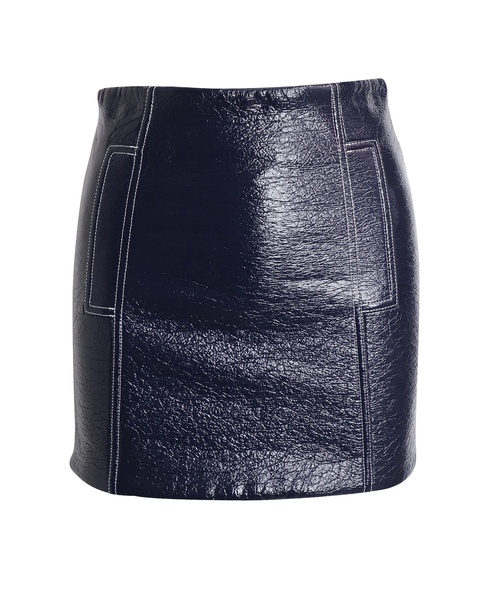 crinkled mini pencil skirt in navy blue polyurethane-coated wool