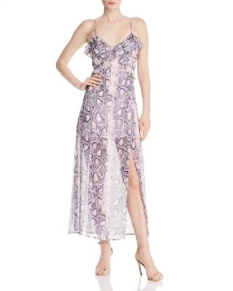 snake print strappy ruffle maxi dress in pink