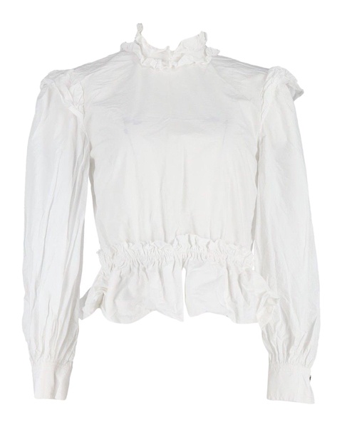 ruffled mock-neck blouse in white cotton