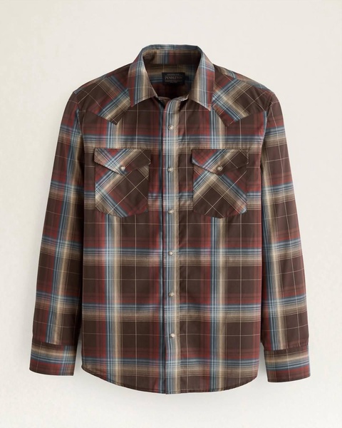 men's long-sleeve bishop cotton shirt in dark brown/blue multi