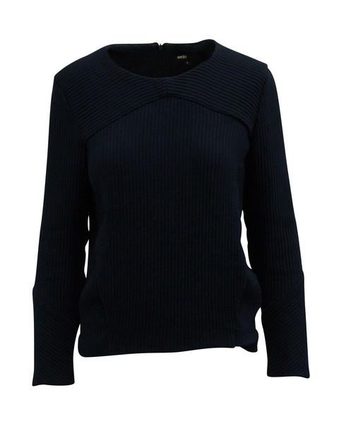 ribbed long sleeve top with pockets in navy blue cotton