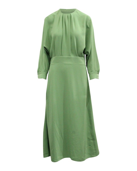 pleated a-line dress in green polyester