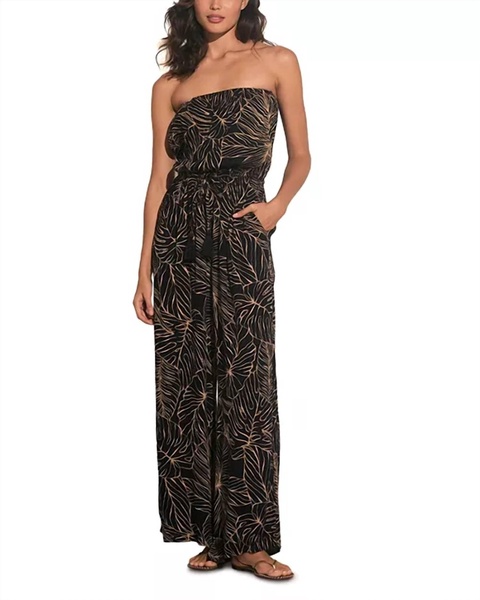 strapless tropical jumpsuit in blk natural