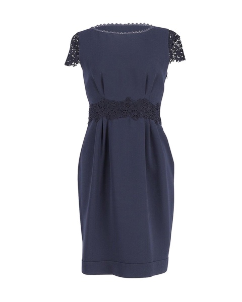 lace-trimmed shift dress in navy blue polyester