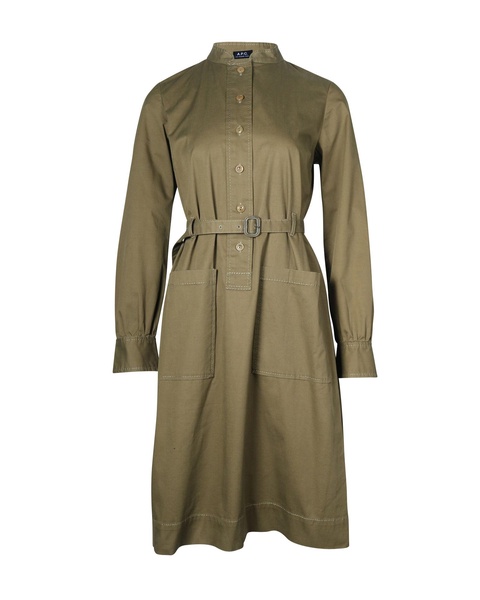 button front belted dress in olive cotton
