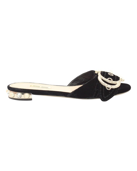 pearl embellished buckle flat sandals in black velvet
