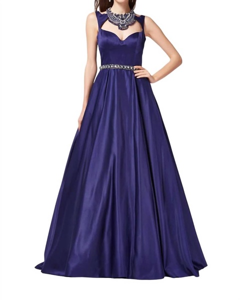 rhinestone prom dress in midnight blue