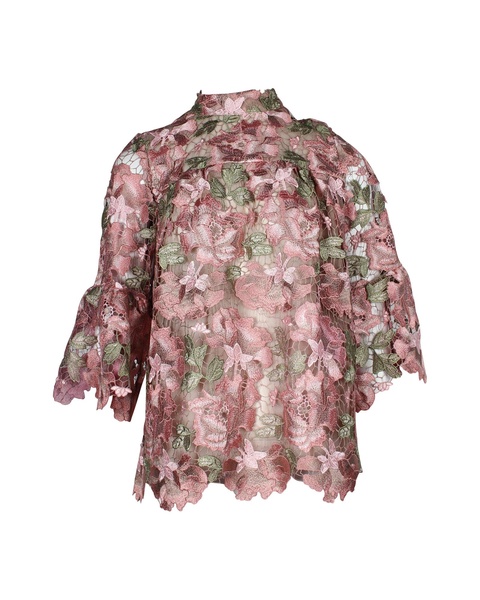 mock neck floral lace blouse in pink polyester