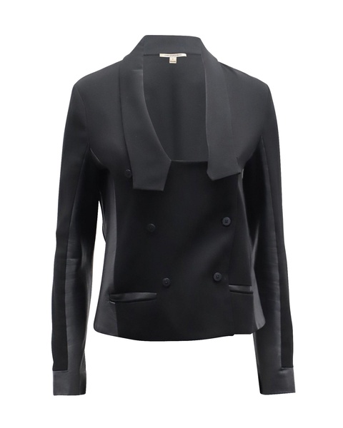 leather-trimmed double breasted blazer jacket in black triacetate